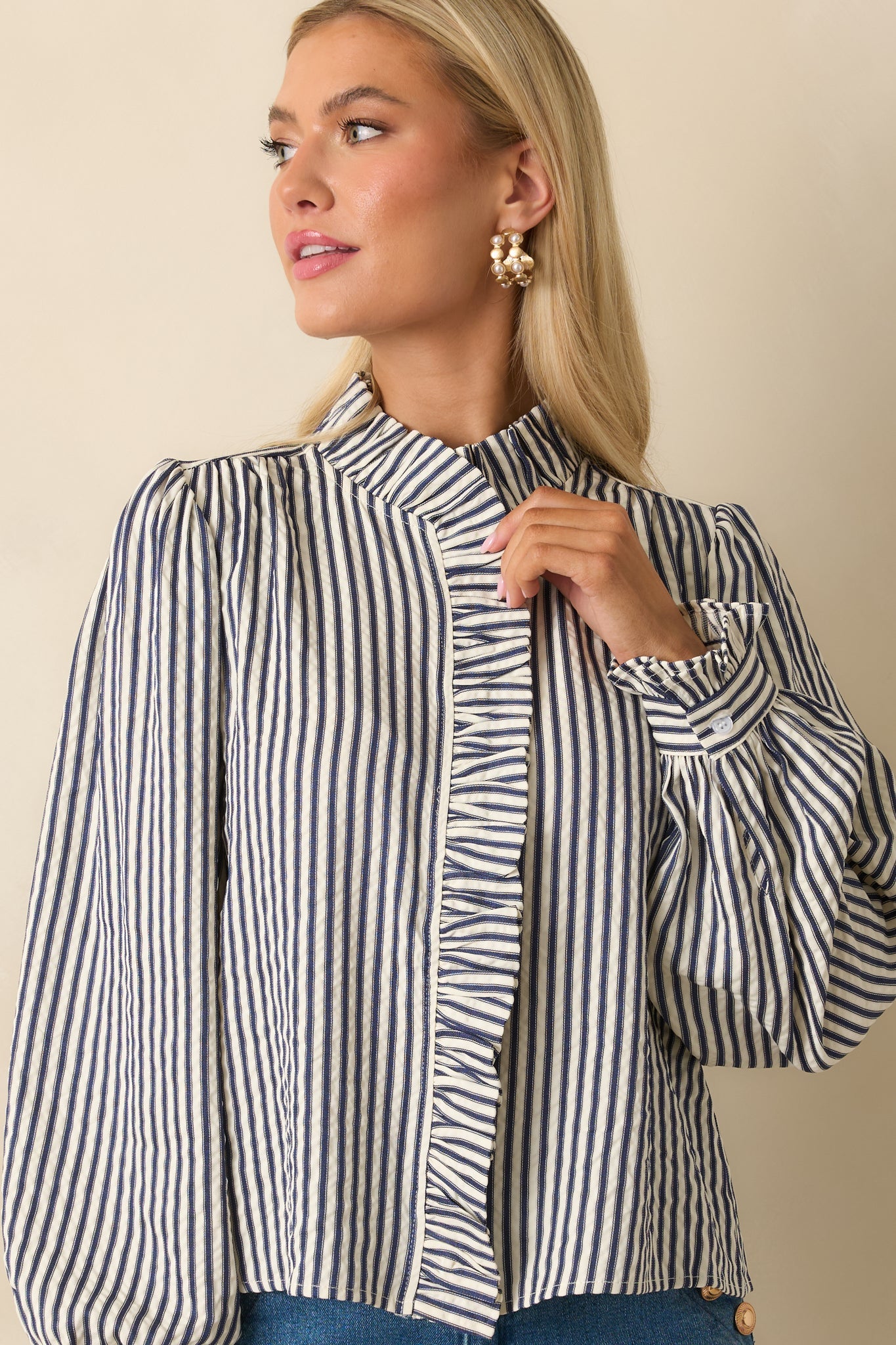 Neatly Noted Navy Blue Striped Seersucker Ruffle Blouse