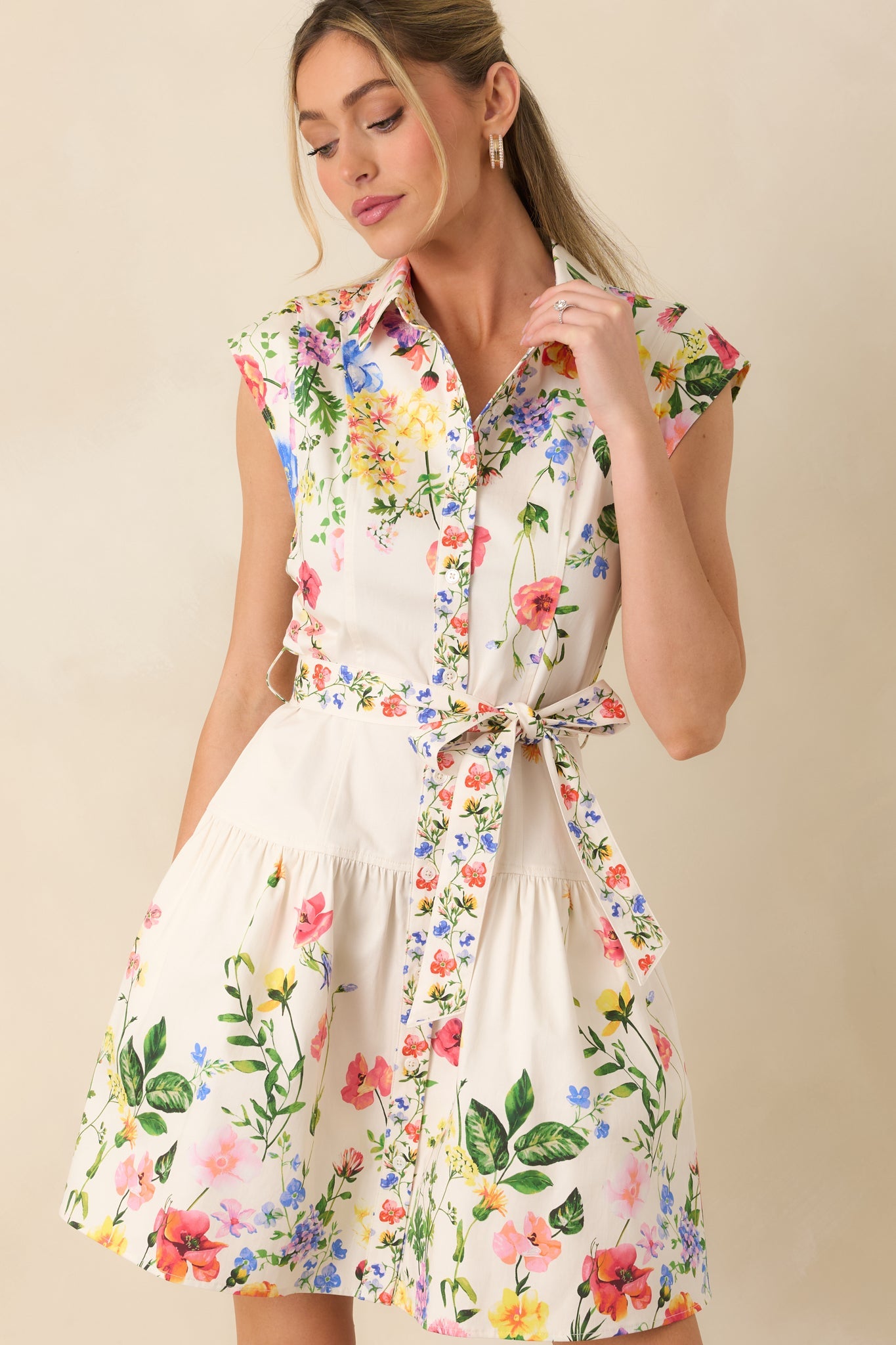 What Lies Ahead White Multi Cotton Floral Tie Belt Mini Dress