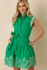 The Way Forward Spring Green Cotton Floral Embroidered Button Down Mini Dress