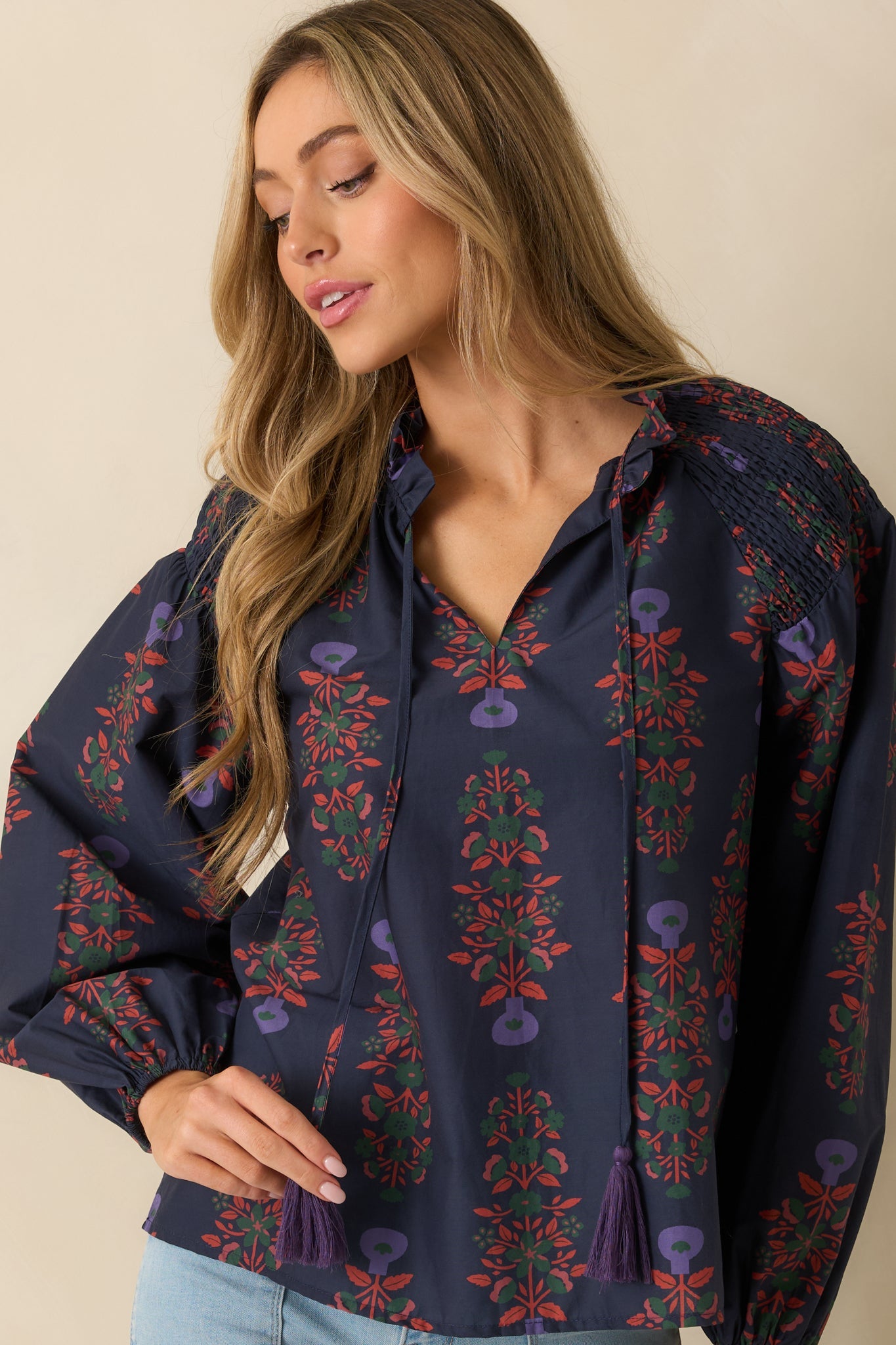 Starlit Garden Navy Multi Floral Print Cotton Peasant Top