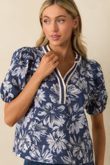 A Good Sign Navy Floral Print Cotton Puff Sleeve Top