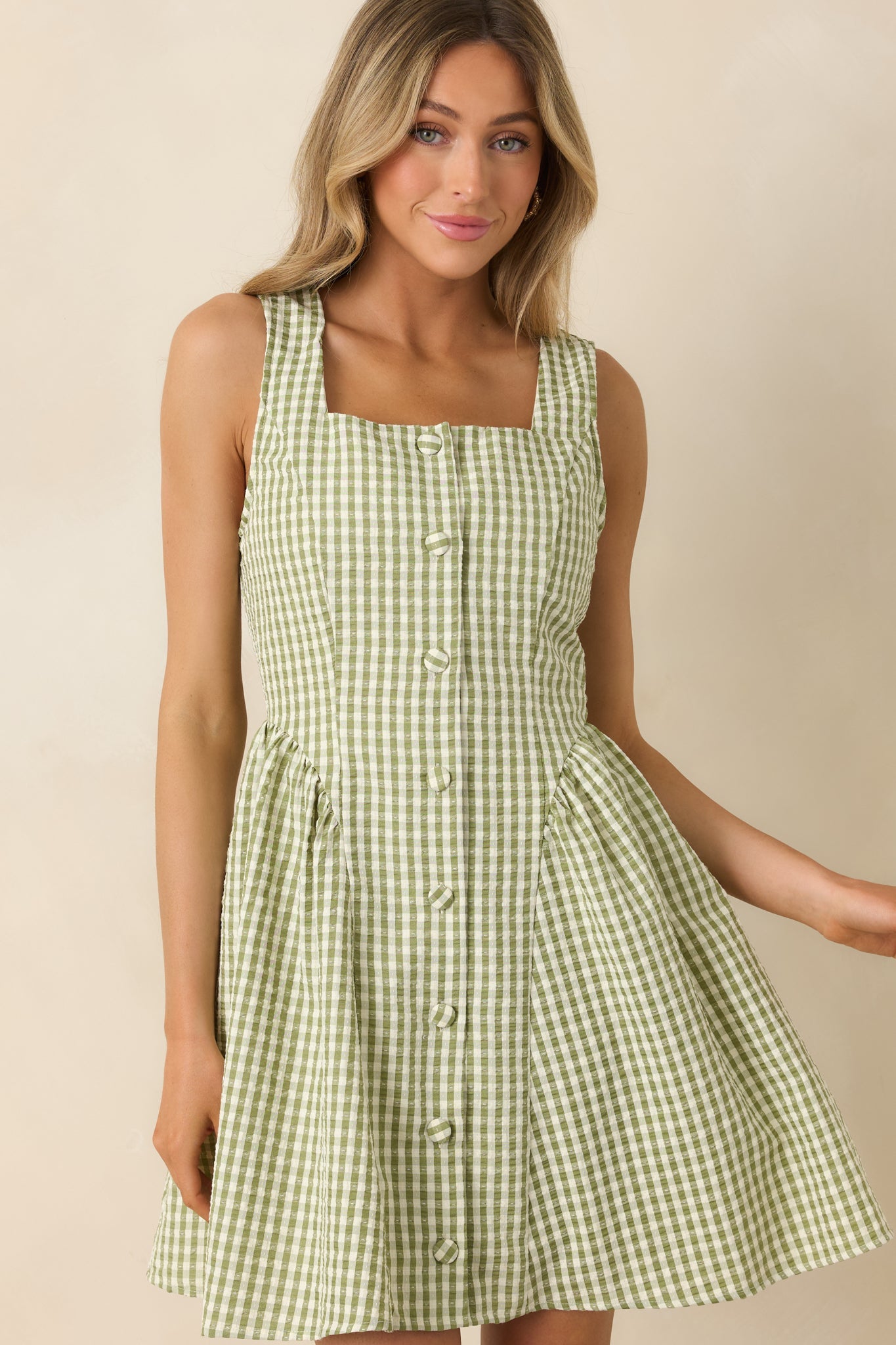 Caught in the Sunshine Green Gingham Sleeveless Mini Dress