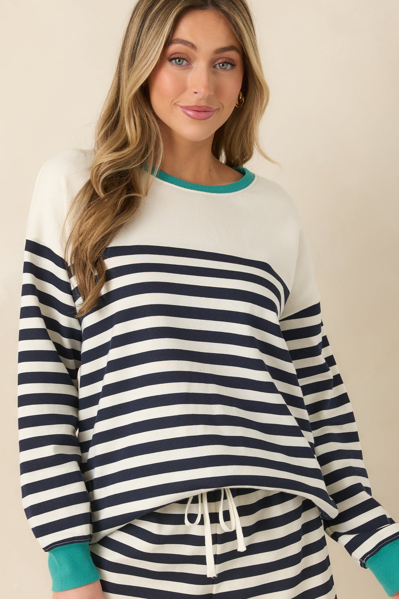 Z Supply Navy Cotton Blend Layer Up Stripe Sweatshirt