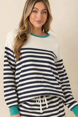 Z Supply Navy Cotton Blend Layer Up Stripe Sweatshirt