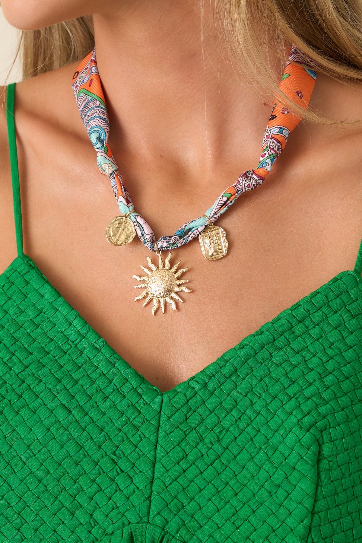 Sun Story Orange Multi Scarf Gold Charm Necklace