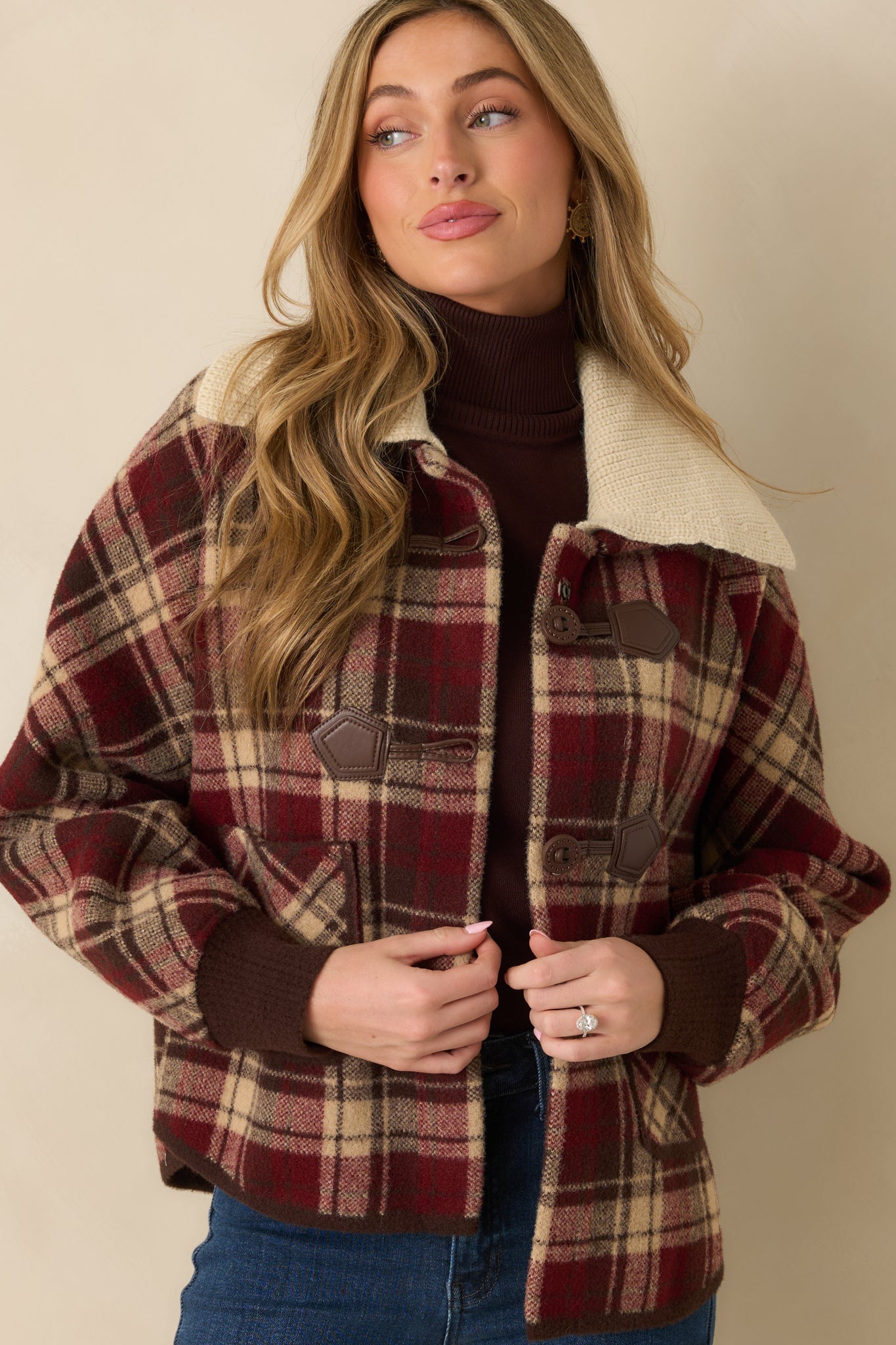 Cabin Check Cranberry Red Plaid Knit Collared Jacket