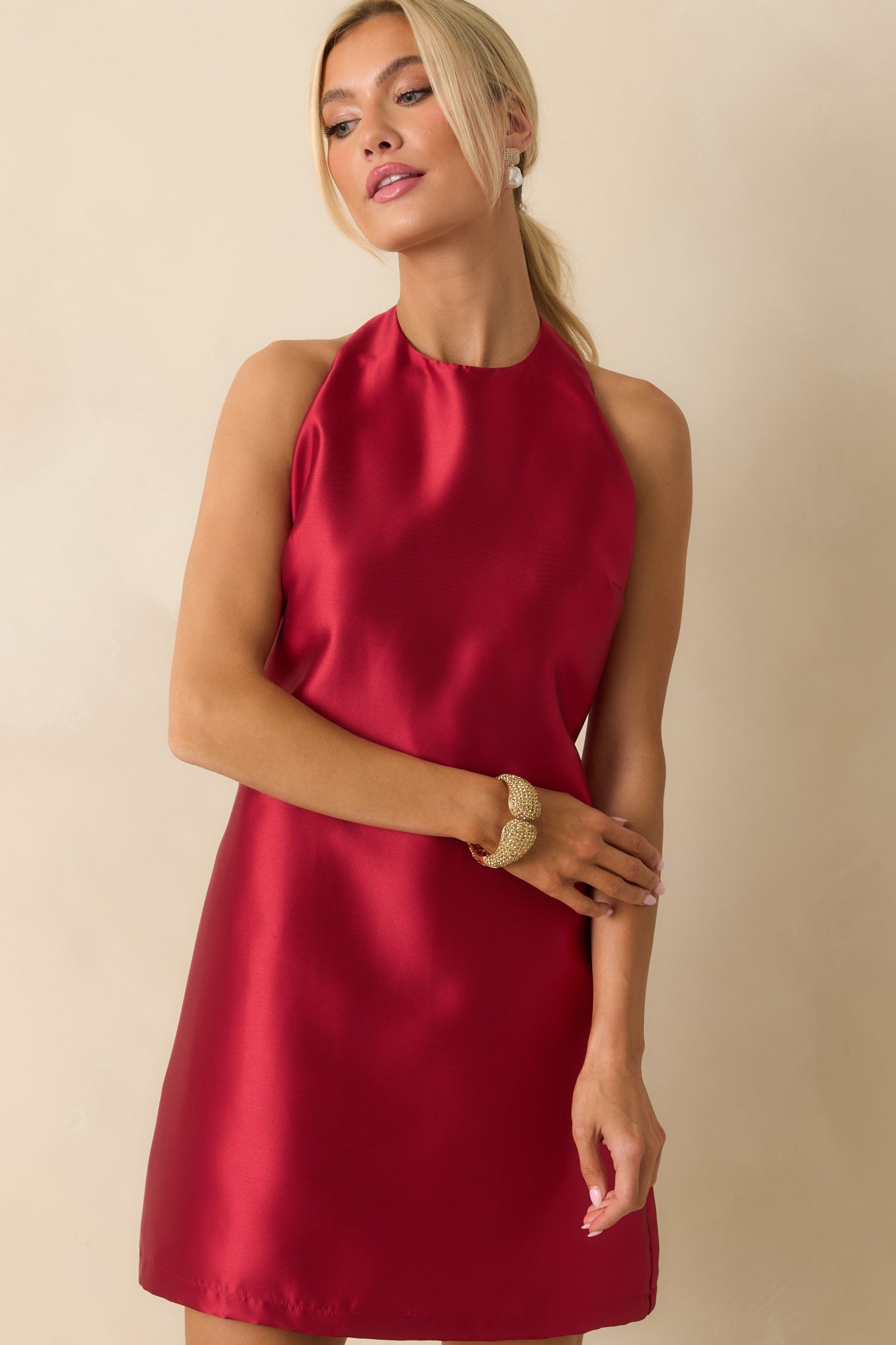 The Bold Type Red Satin Buckle Strap Halter Mini Dress