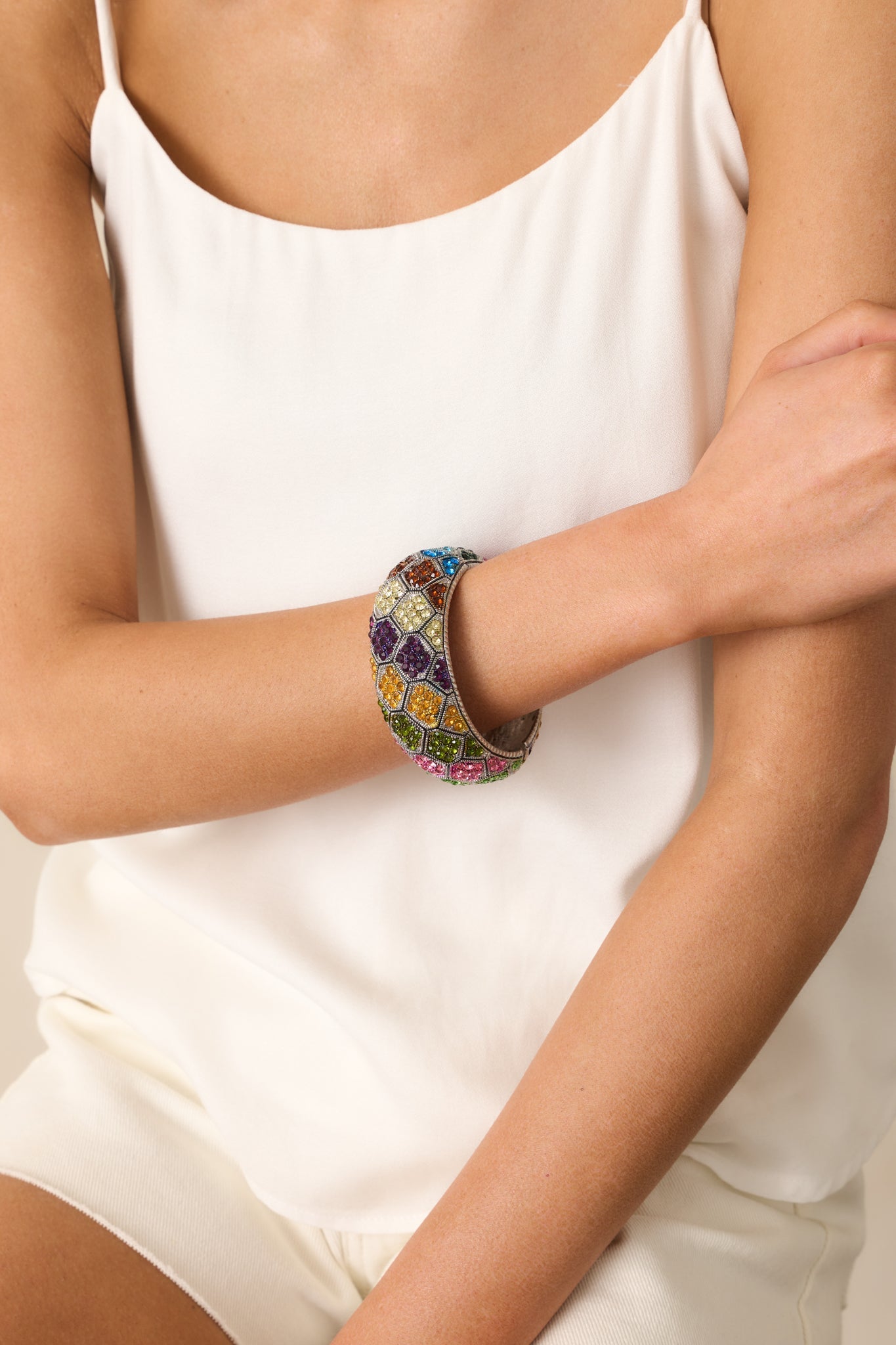 She's Going Places Silver Multi Rhinestone Hinged Cuff Bracelet