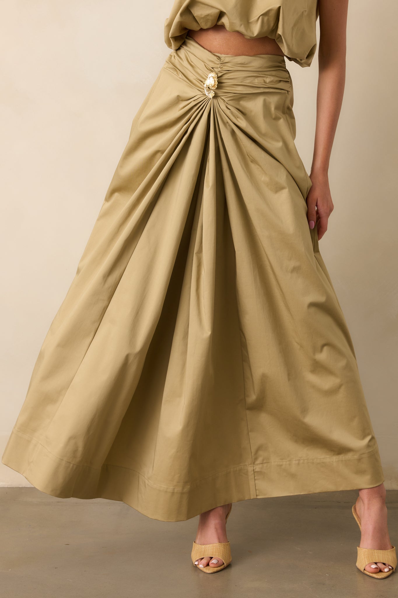 Get My Good Side Tan Ruched Drape Maxi Skirt