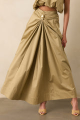 Get My Good Side Tan Ruched Drape Maxi Skirt