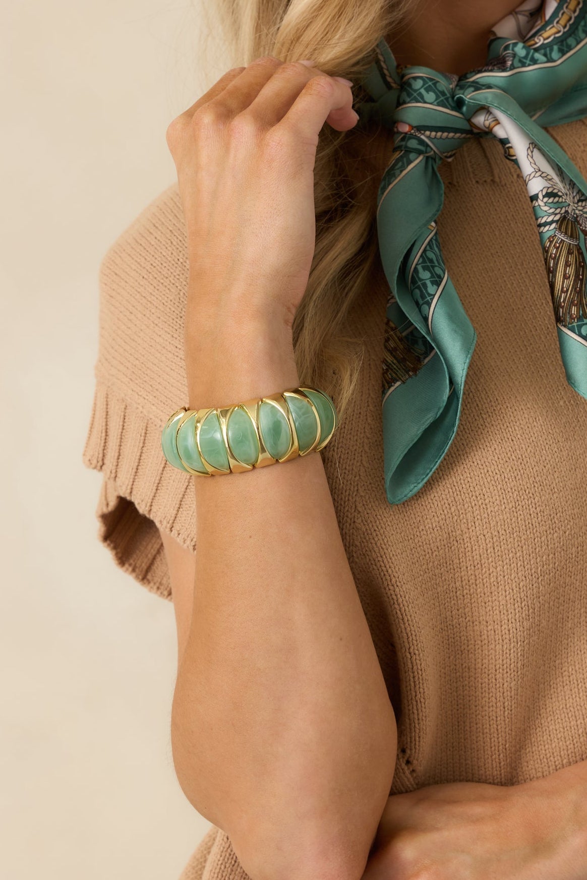 Hold On Gently Jade Green & Gold Sculptural Bead Stretch Bracelet