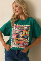 Sending Postcards Acid Wash Green Cotton Stamp Graphic Tee
