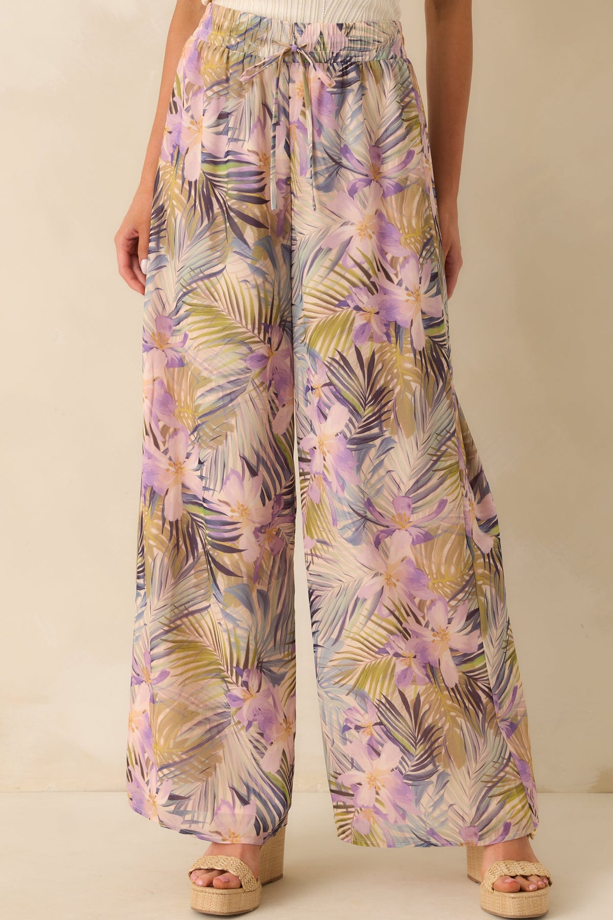 Sunlight All Around Light Pink Tropical Print Wide Leg Pants
