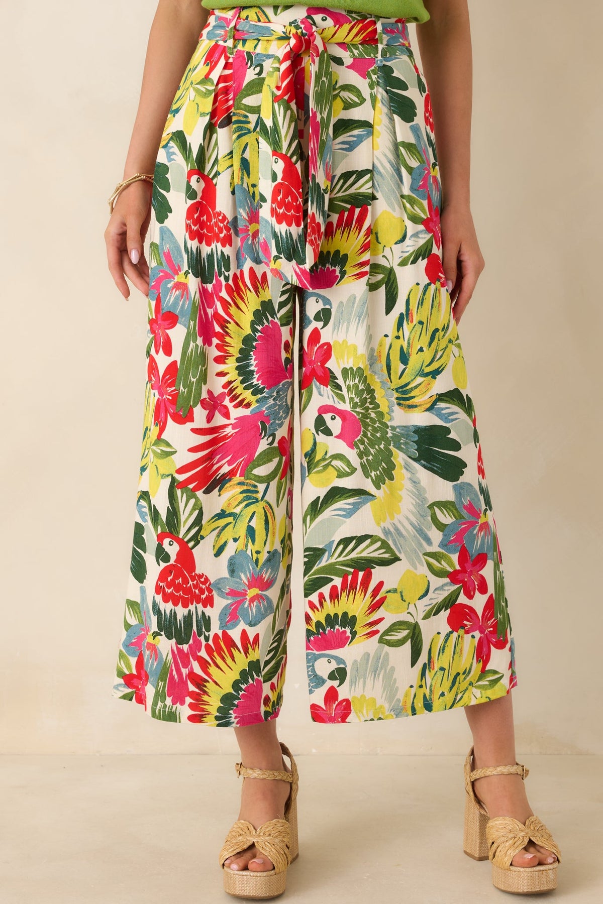 Talk Tropic To Me Red Multi Parrot Print Belted Crop Pants