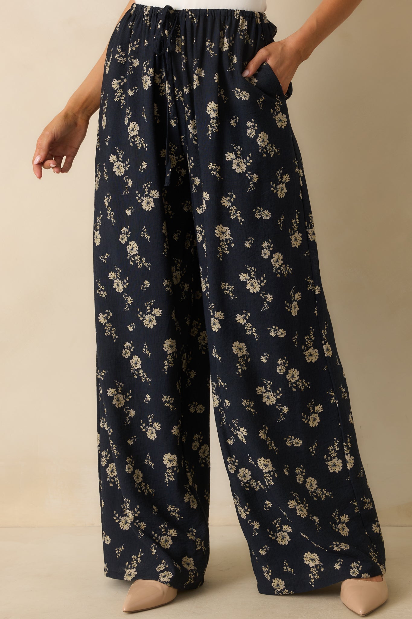 Calming Energy Navy Floral Print Wide Leg Drawstring Pants