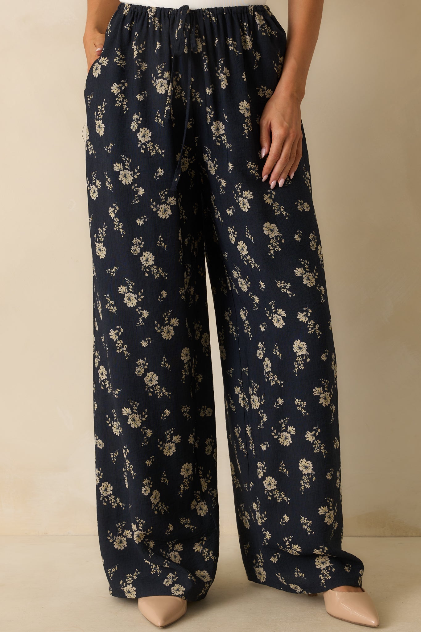 Calming Energy Navy Floral Print Wide Leg Drawstring Pants
