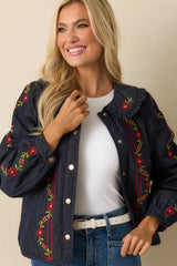 Wildflower Trails Dark Indigo Denim Quilted Embroidered Button Up Jacket
