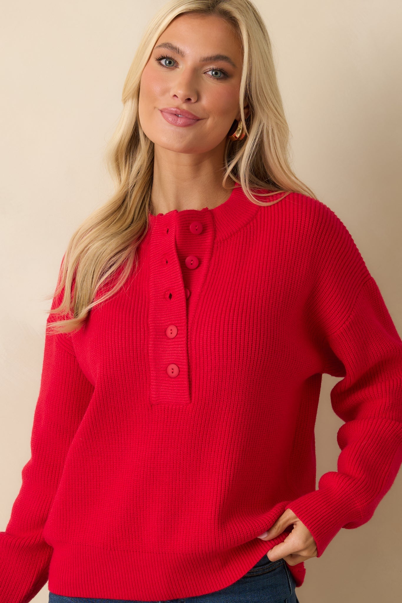 Warm Whimsy Red Knit Button Top Pullover Sweater