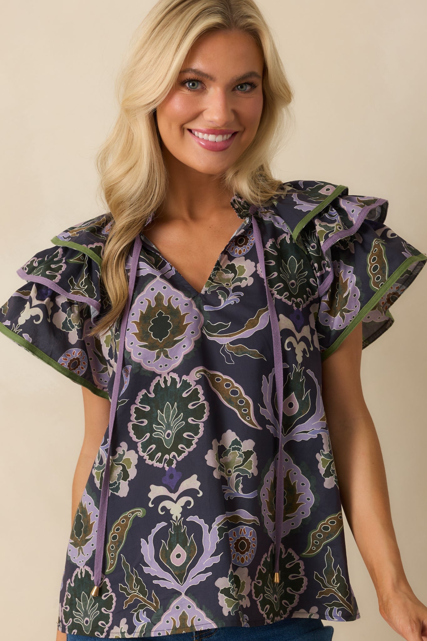 The Rest Is Certain Navy Multi Print Cotton Ruffle Sleeve Blouse