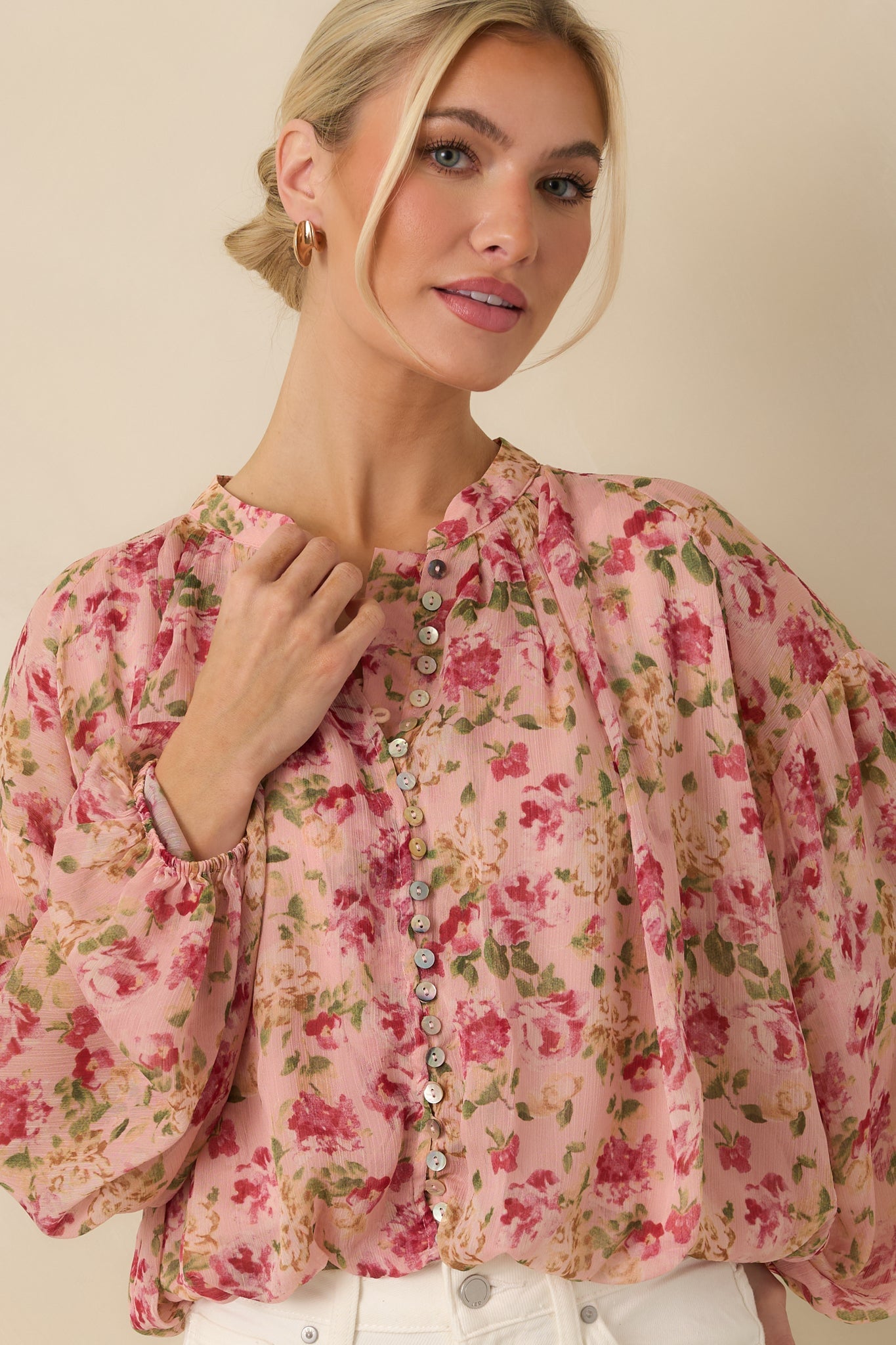 Where Roses Drift Blush Pink Multi Floral Sheer Blouse