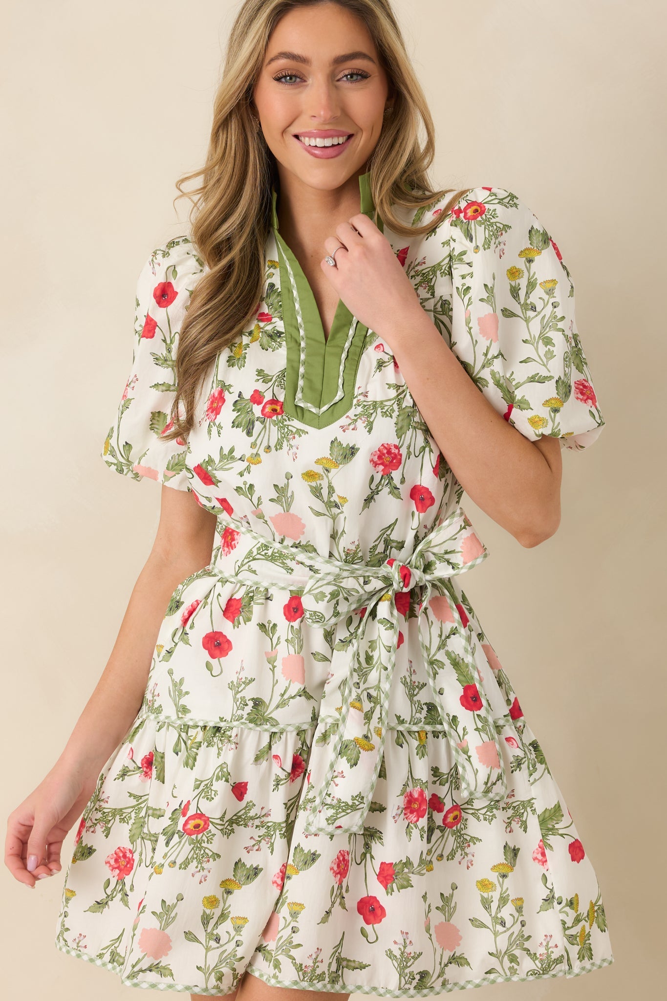 Taking A Chance Olive Green Floral Print Cotton Puff Sleeve Mini Dress