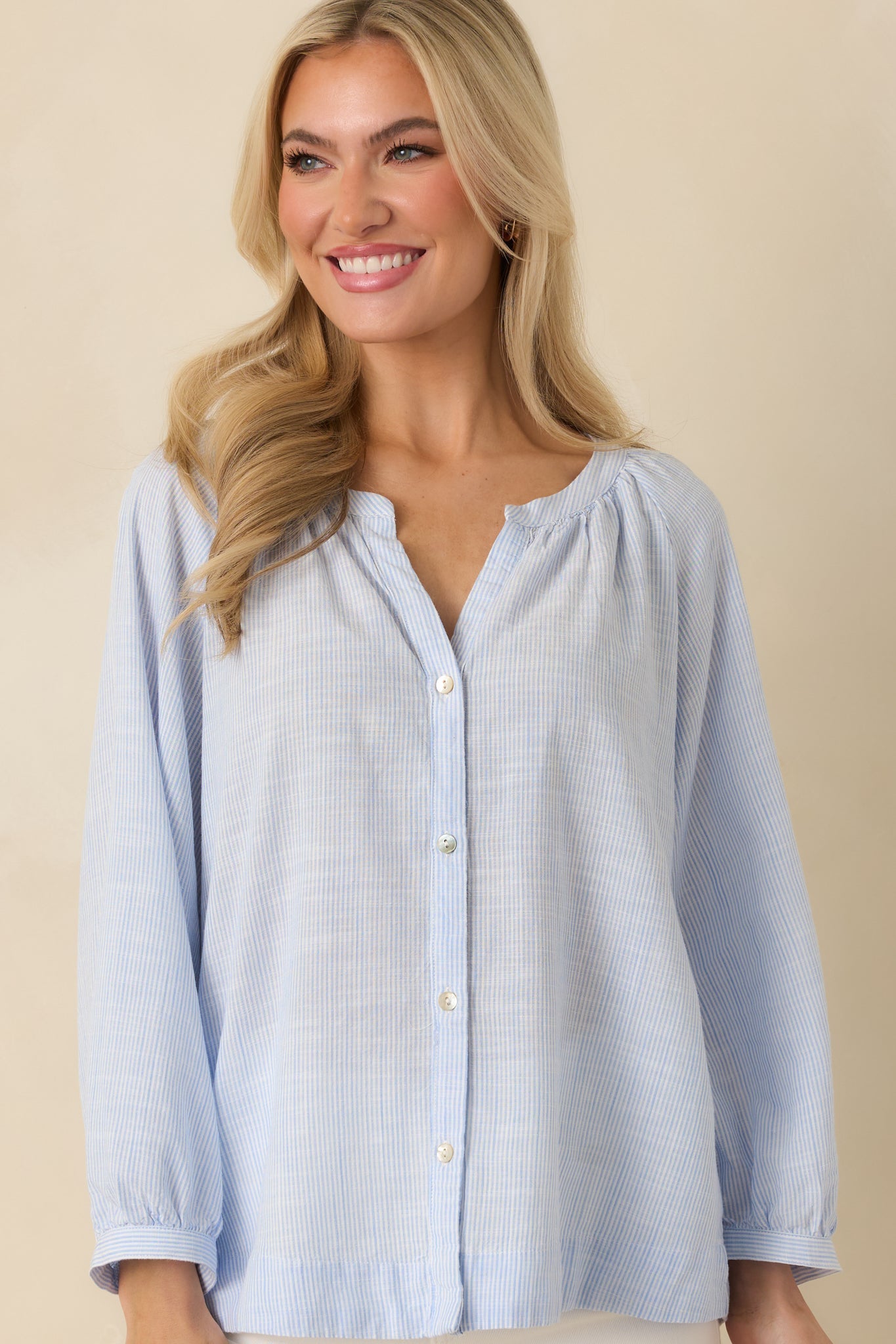 Easy Tide Blue Stripe Relaxed Button Front Top
