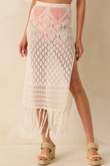 Lost In The Sunlight Natural Ivory Open Knit Fringe Cover Up Midi Skirt