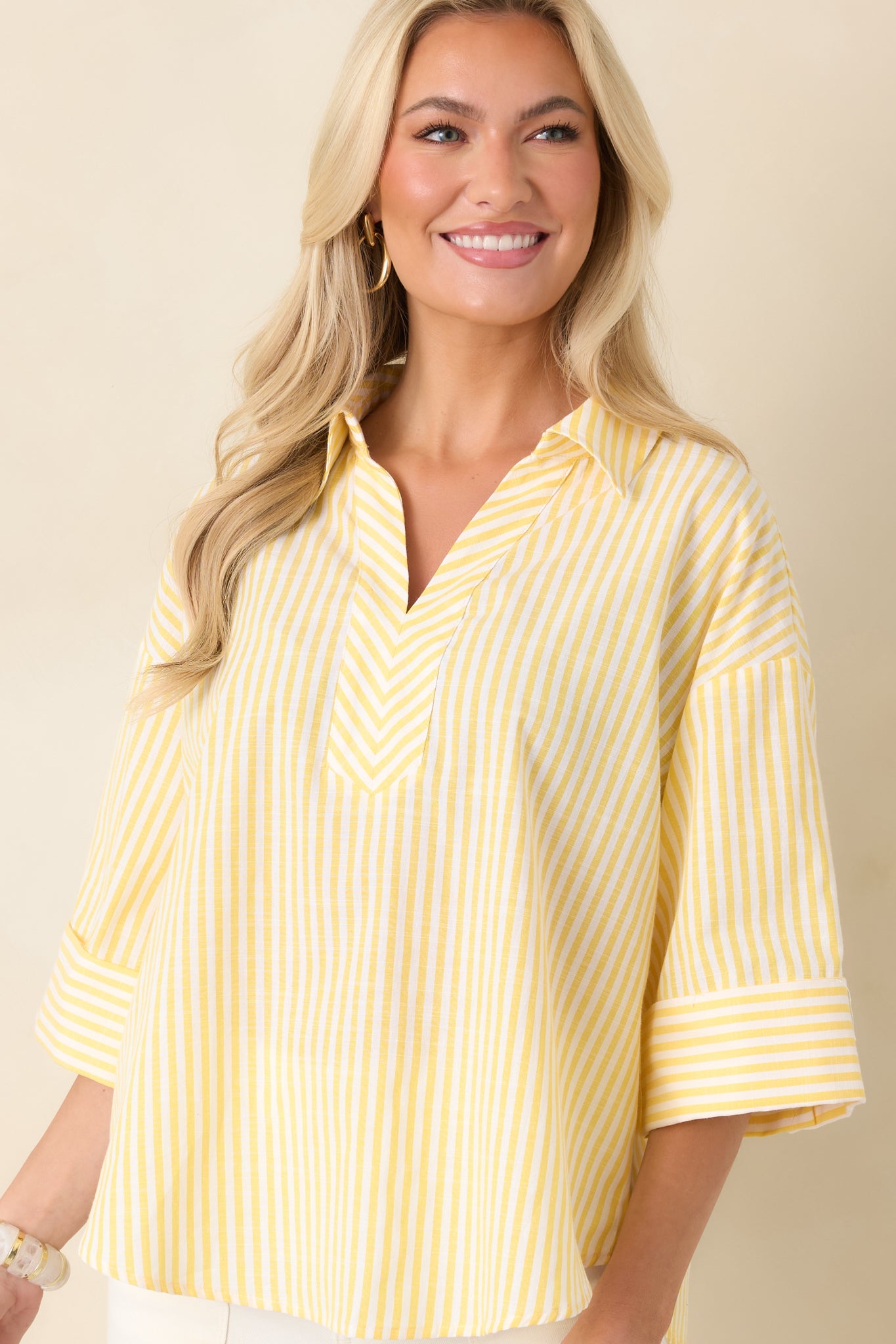 Leading Lines Yellow Stripe Collared V-Neck Blouse