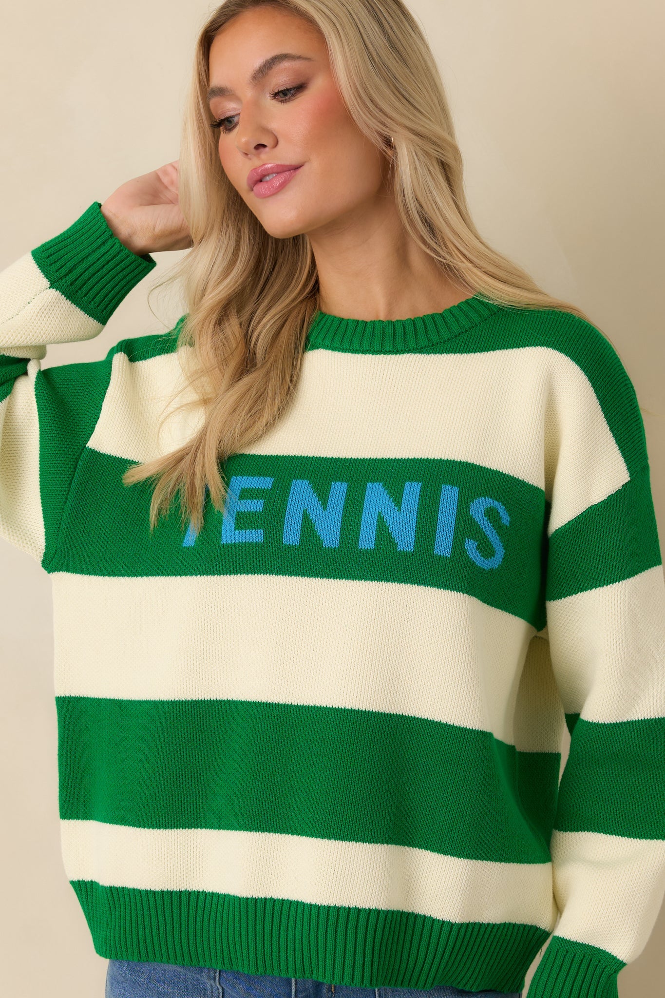 Courtside Classic Kelly Green Stripe Cotton Knit Tennis Sweater