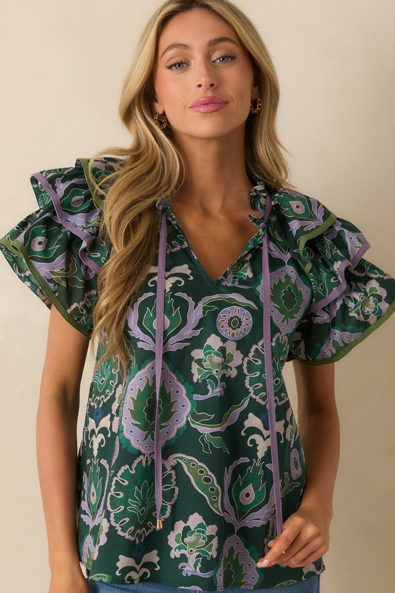 The Rest Is Certain Green Multi Print Cotton Ruffle Sleeve Blouse