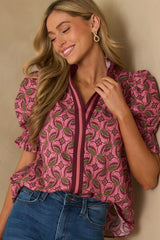 A Gentle Soul Light Mauve Geometric Print Cotton Puff Sleeve Top