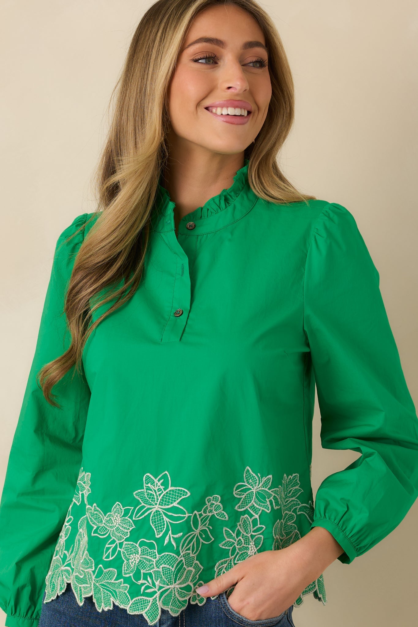 I See You Spring Green Cotton Floral Embroidered Puff Sleeve Top