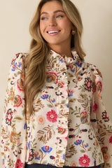 See Eye To Eye Ivory Multi Floral Cotton Button Up Top