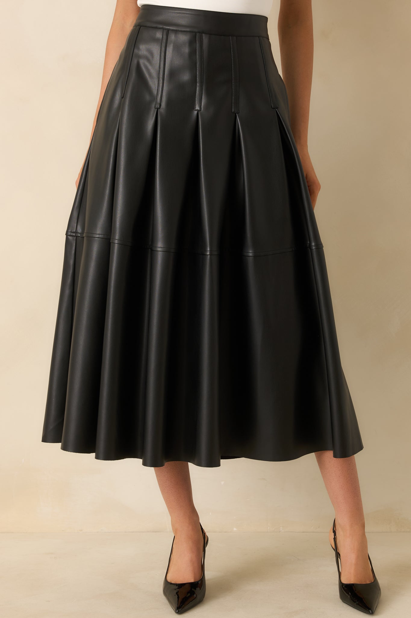 Cut To Perfection Black Faux Leather Pleated Midi Skirt