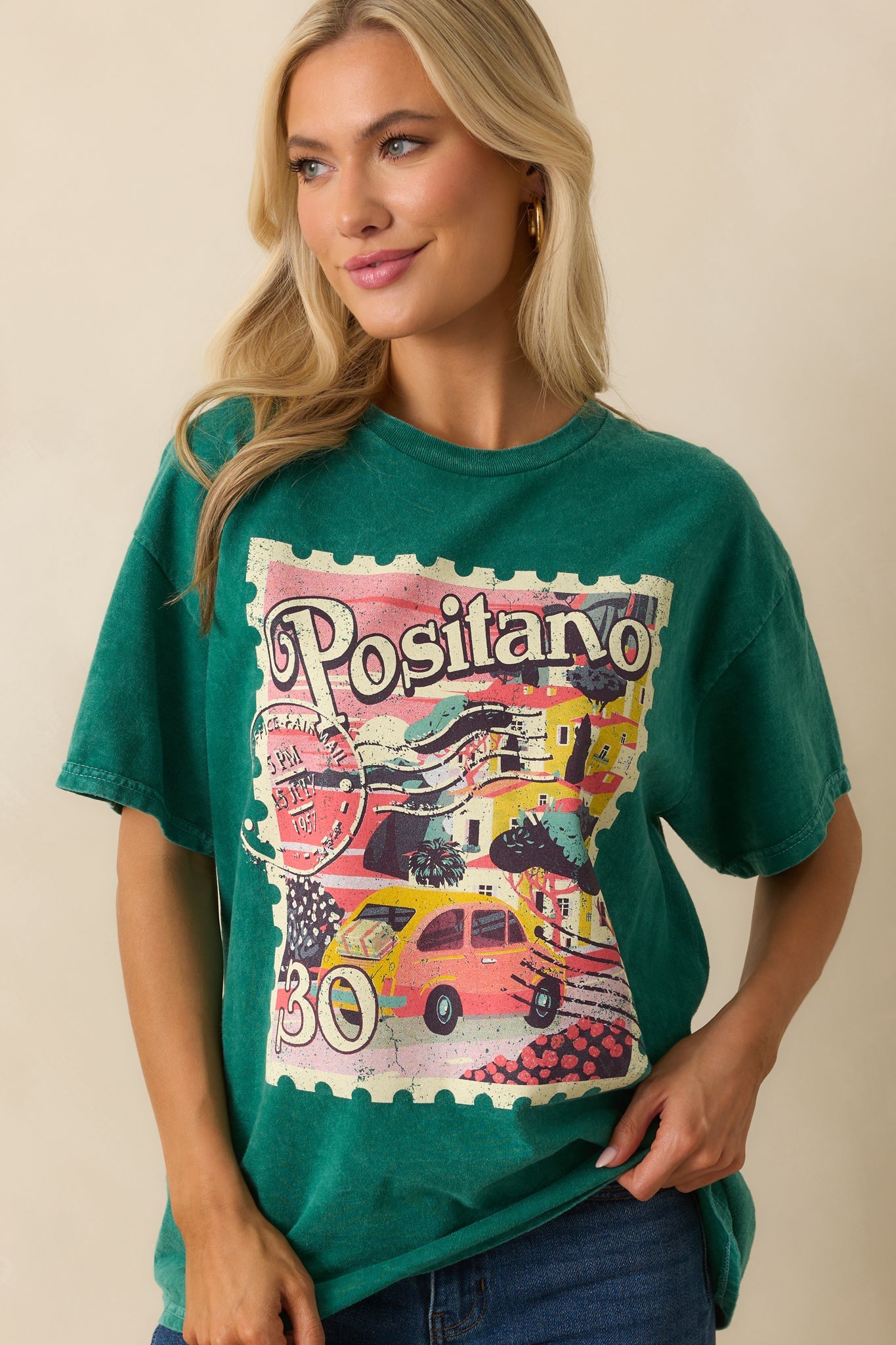 Sending Postcards Acid Wash Green Cotton Stamp Graphic Tee