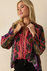 In Her Own Way Dark Teal Multi Patchwork Print Cotton Blouse