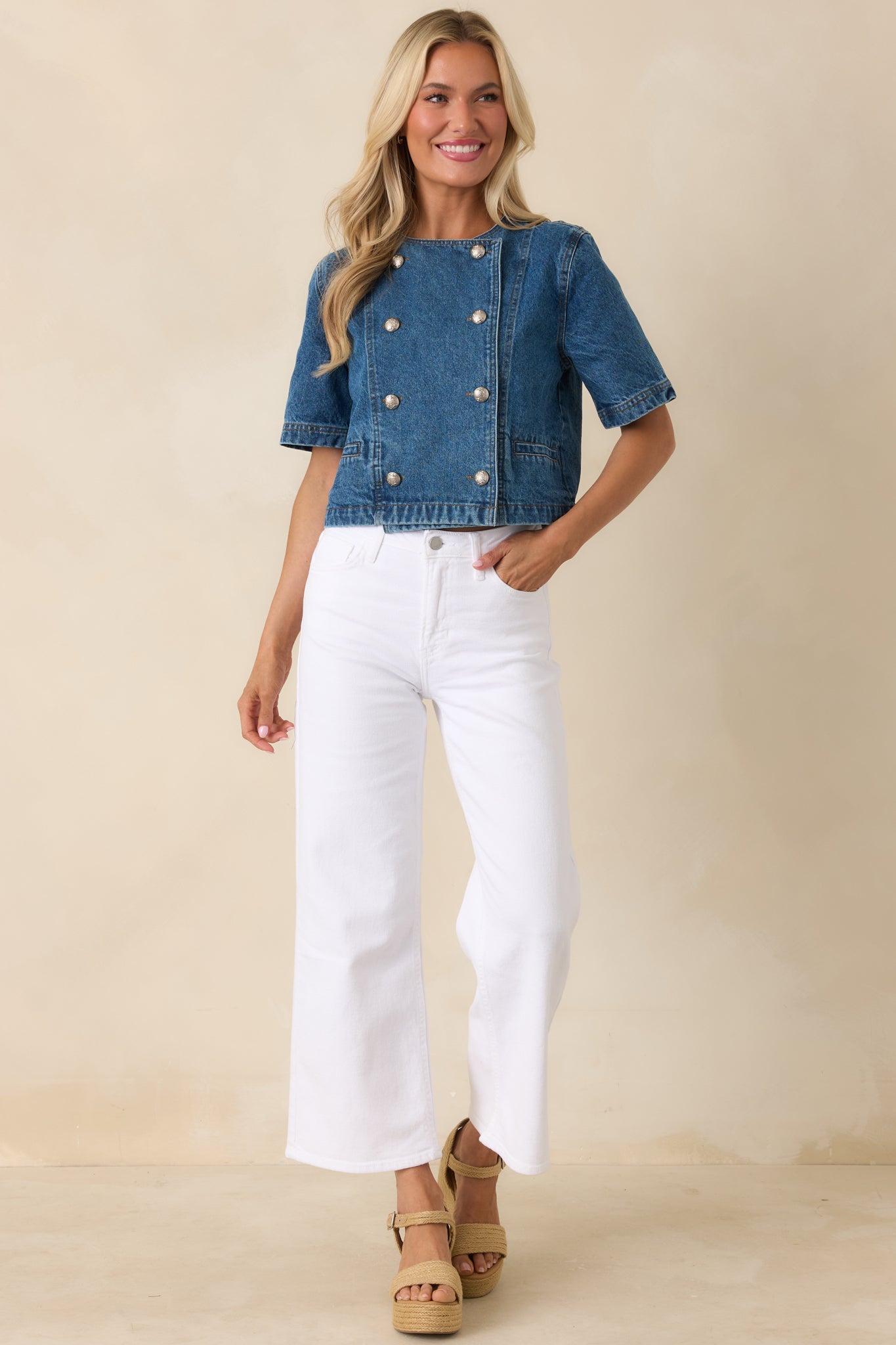 I'll Be Straightforward White Cotton Denim Cropped Wide Leg Jeans