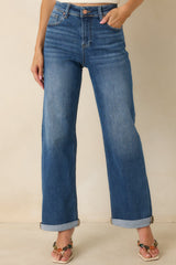 Let's Roll Medium Wash High Rise Cuffed Straight Leg Jeans