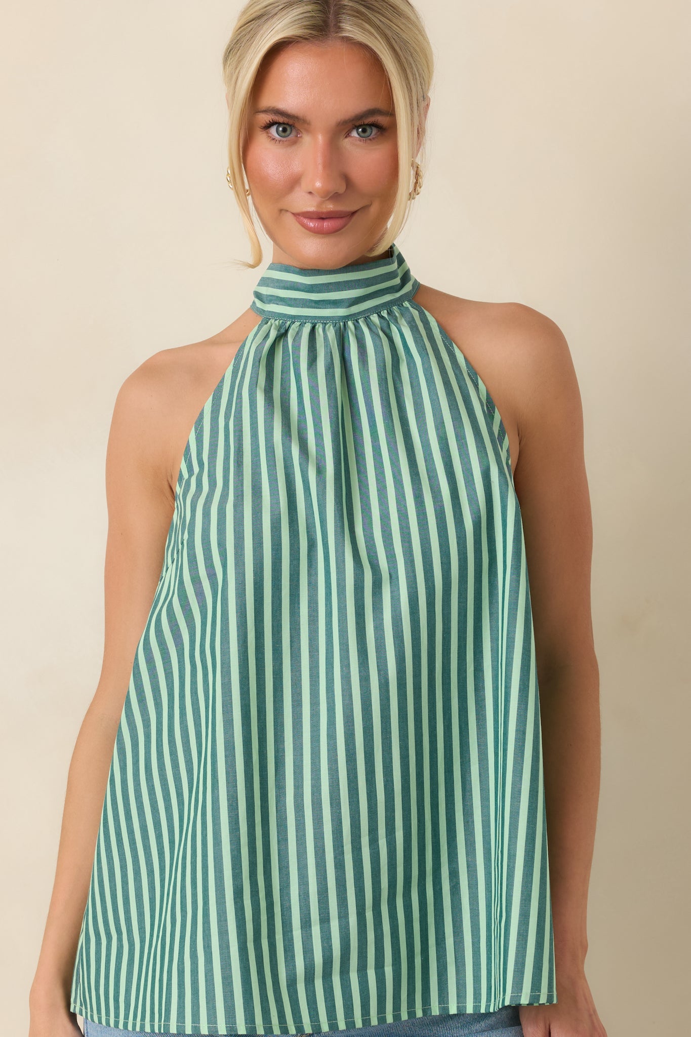 FRNCH Crescenzo Green Stripe Cotton Tie-Neck Halter Top