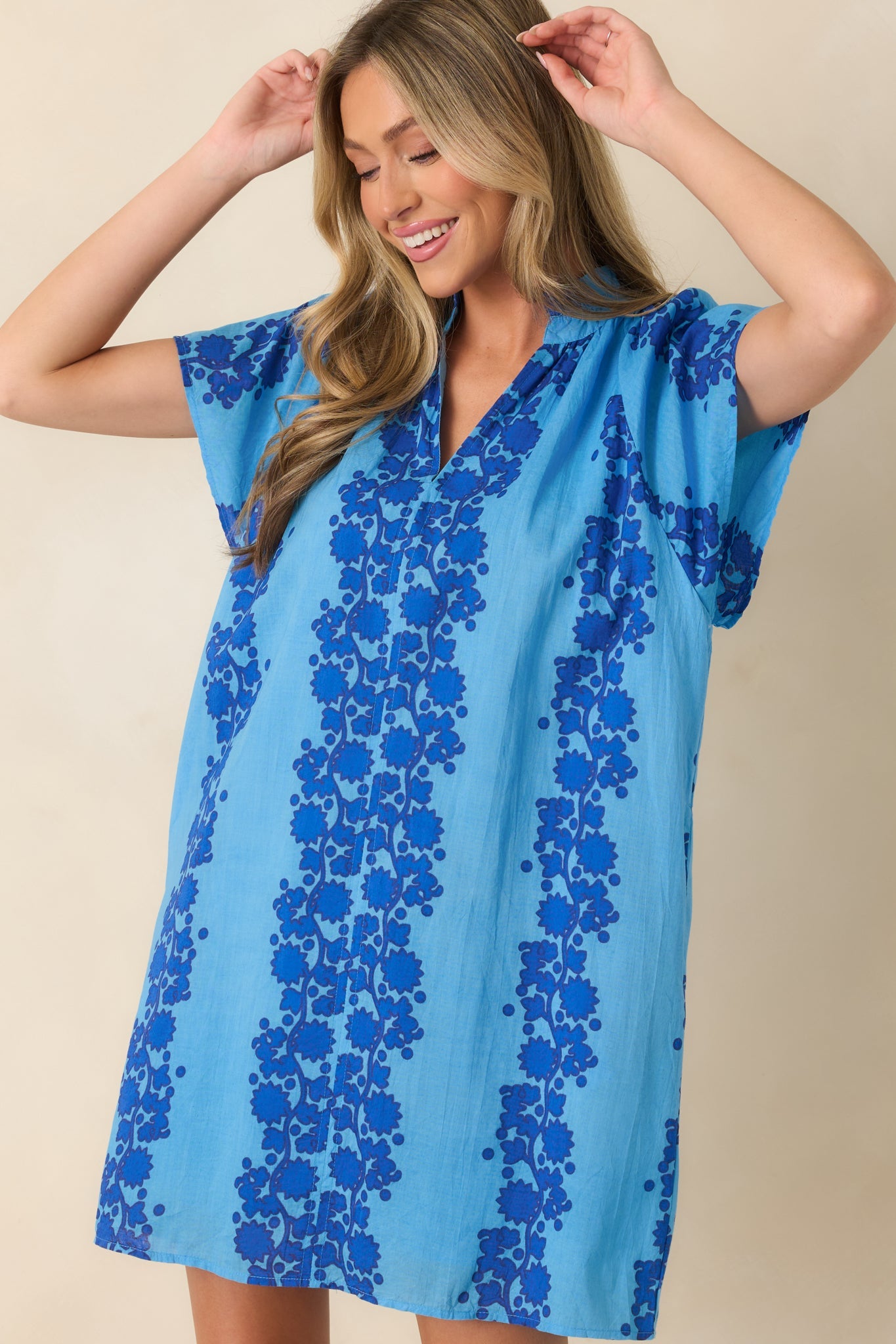 Palm Beach Bound Blue Cotton Floral Mini Dress