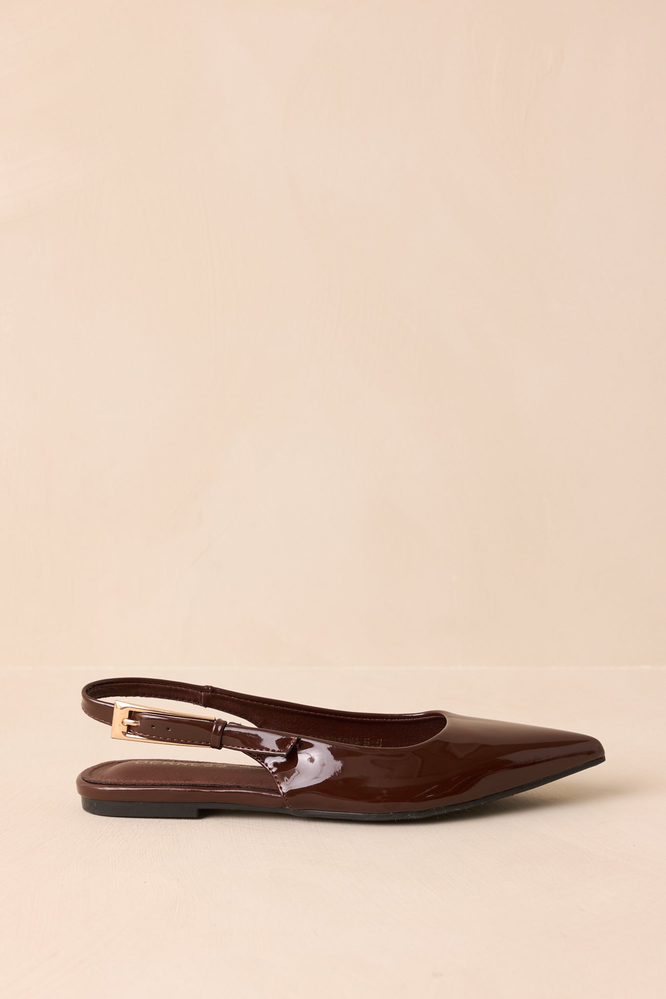 Take Notes Dark Brown Patent Faux Leather Pointed Toe Slingback Flats