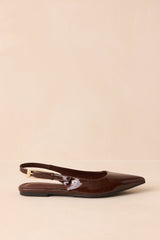 Take Notes Dark Brown Patent Faux Leather Pointed Toe Slingback Flats