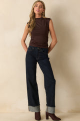 Yve Dark Brown Sleeveless Ruched Mock Neck Top