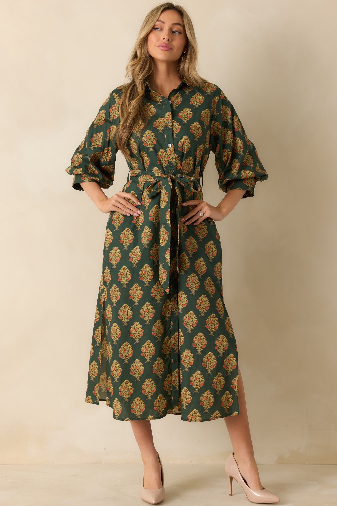 Vintage Bloom Dark Green Multi Floral Print Cotton Maxi Dress