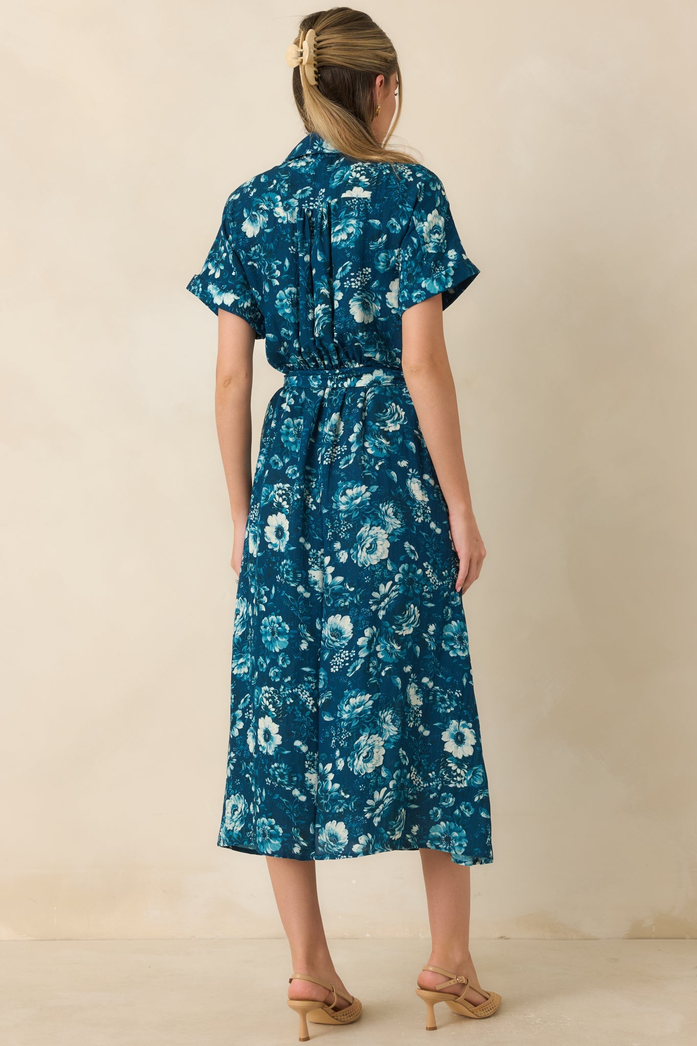 You'll See Soon Dark Teal Multi Floral Print Belted Midi Shirt Dress