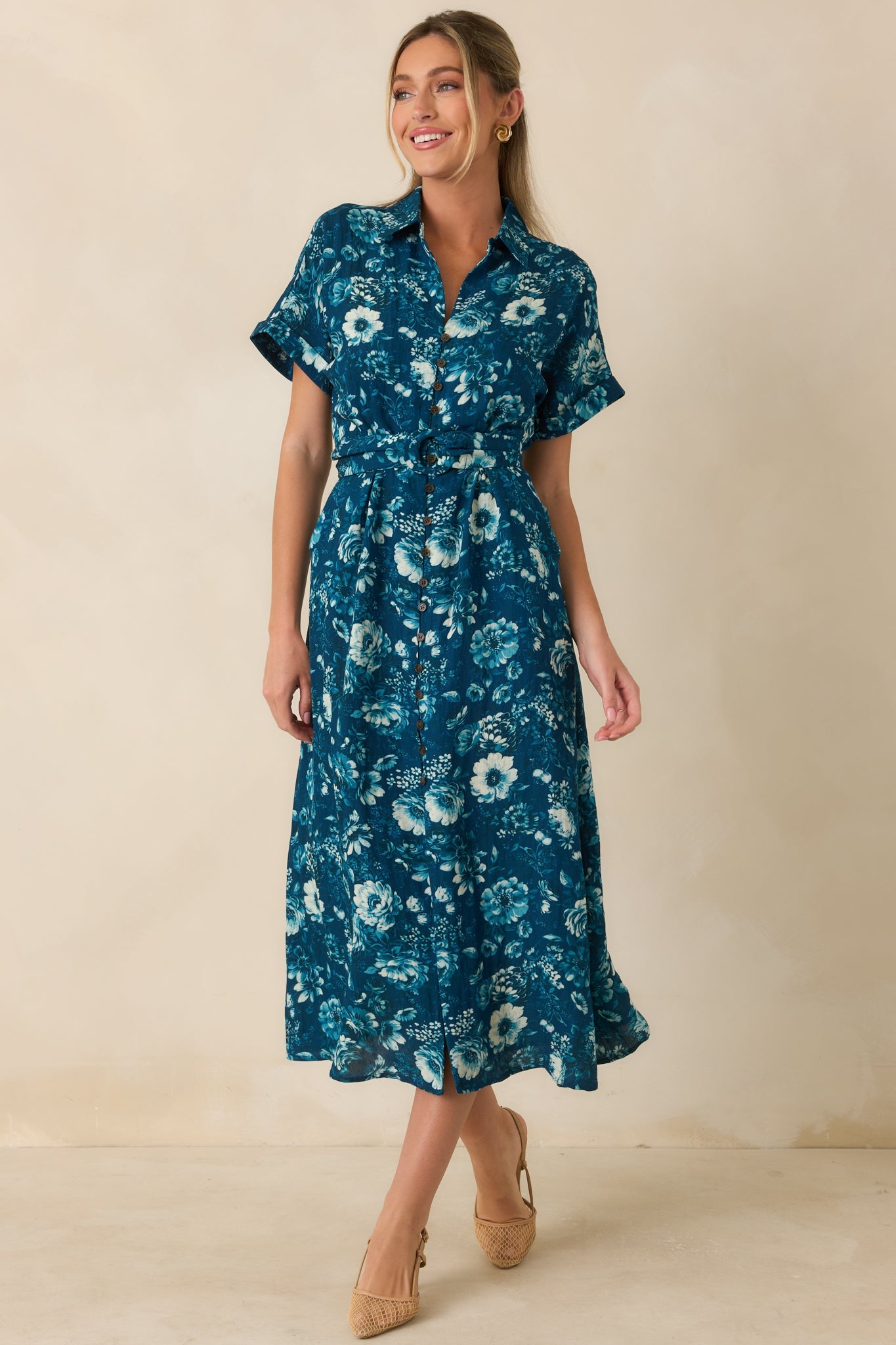 You'll See Soon Dark Teal Multi Floral Print Belted Midi Shirt Dress