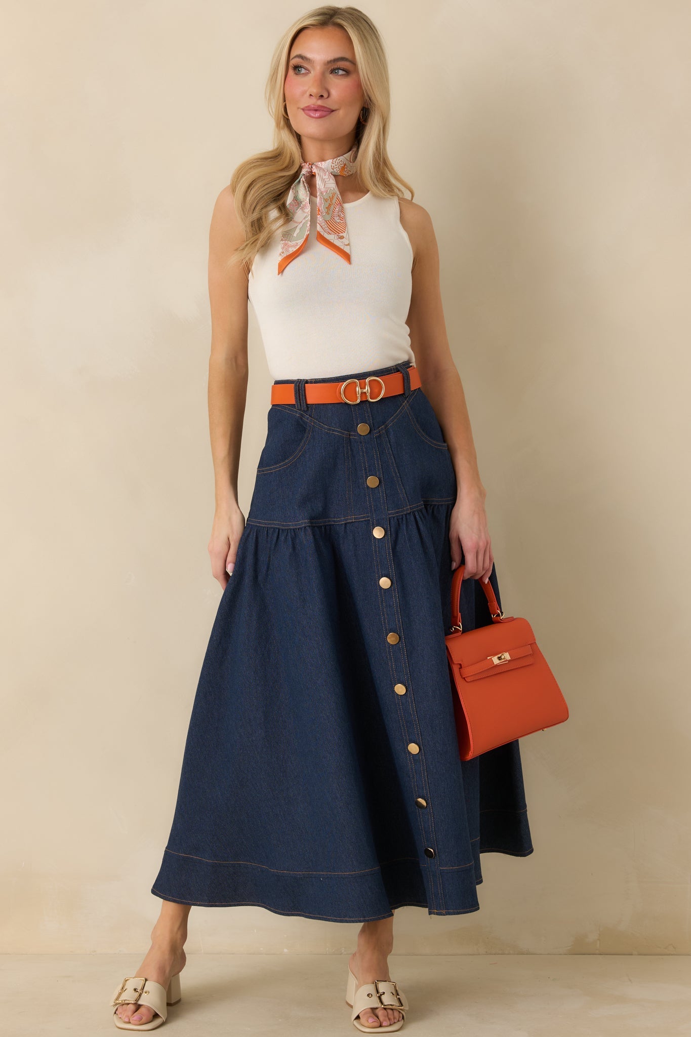 Town & Country Dark Wash Denim Button-Down Maxi Skirt