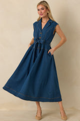 I'm All In Dark Wash Denim Tie-Belt Midi Dress
