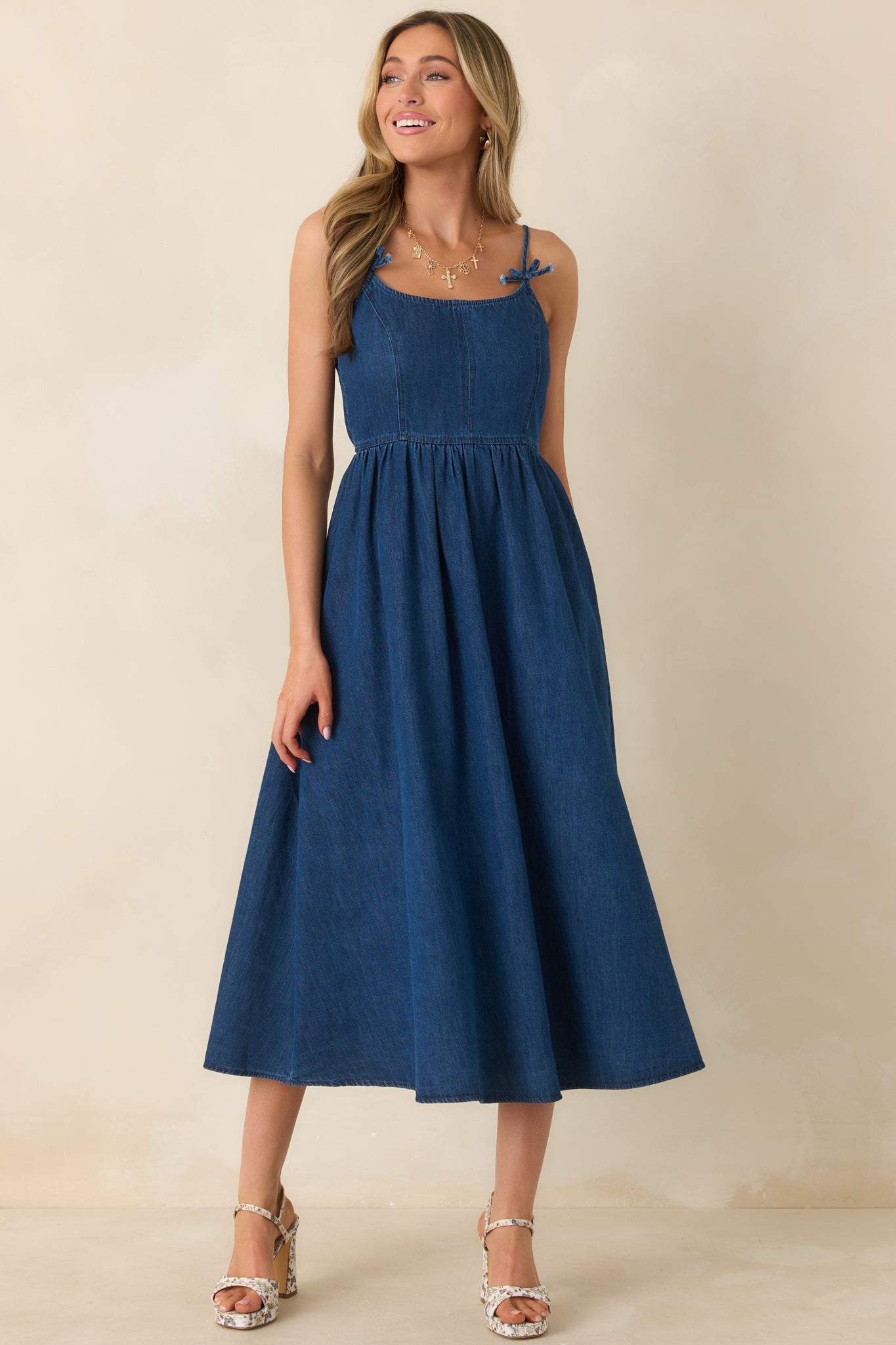 Tied at Twilight Dark Wash Bow Strap Detail Cotton Midi Dress