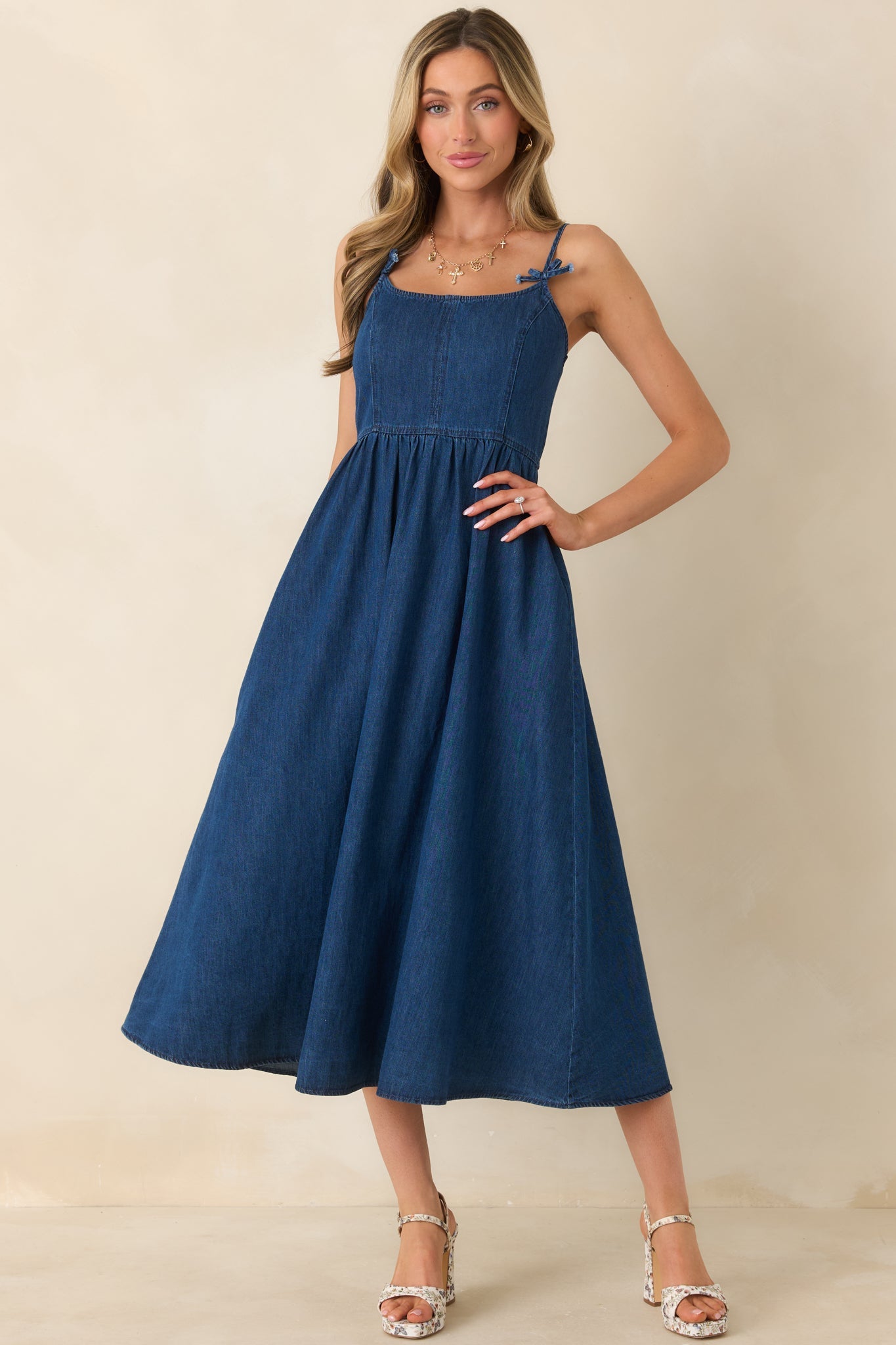 Tied at Twilight Dark Wash Bow Strap Detail Cotton Midi Dress